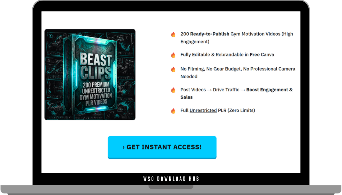 Beast Clips – 200 PREMIUM VIRAL GYM MOTIVATION VIDEOS + OTOs Download